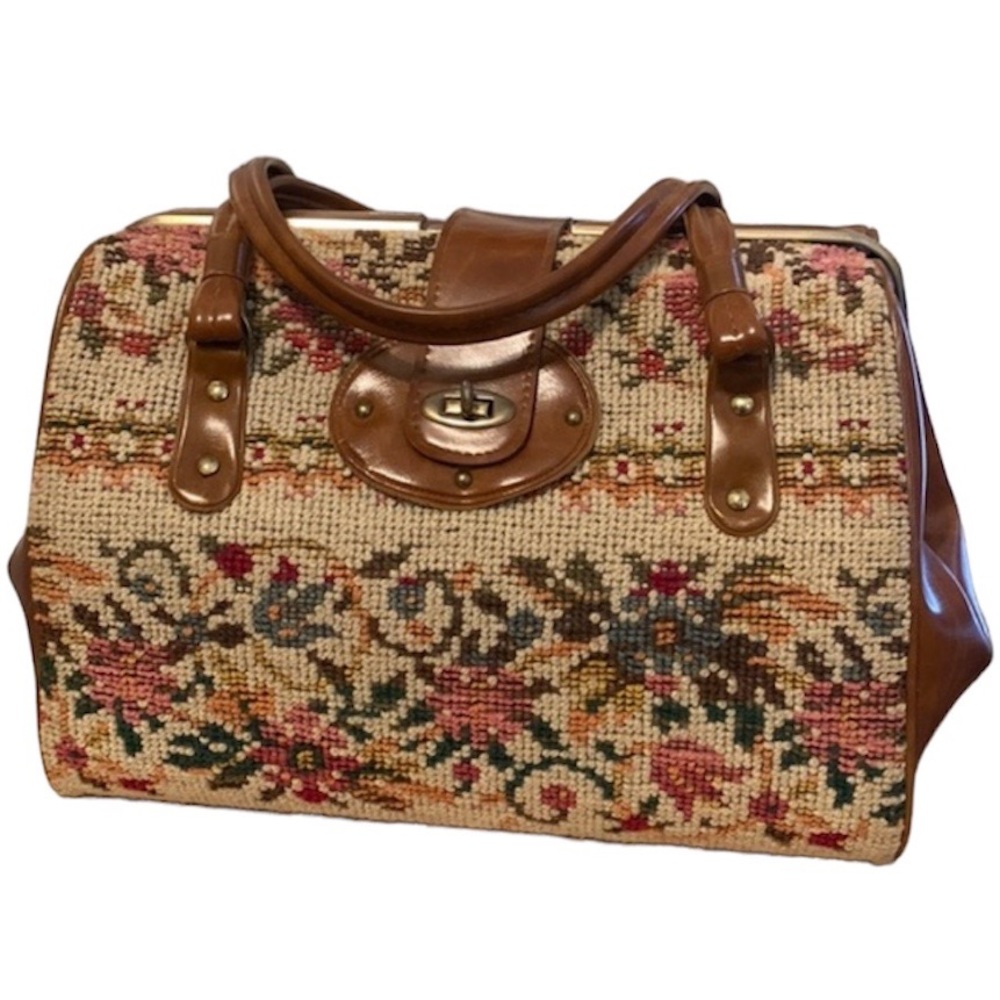 Vintage 60's Floral Carpet Bag Purse Brown Trim